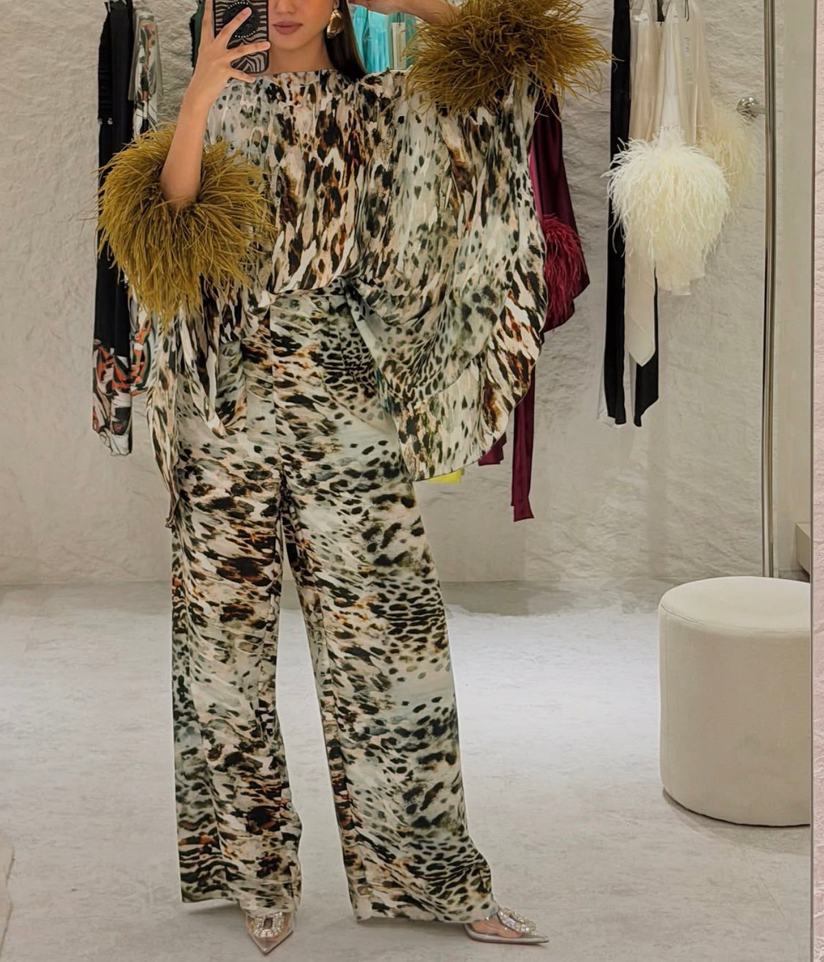 NADIA LEOPARD PRINT WITH OSTRICH FEATHERS (SET)